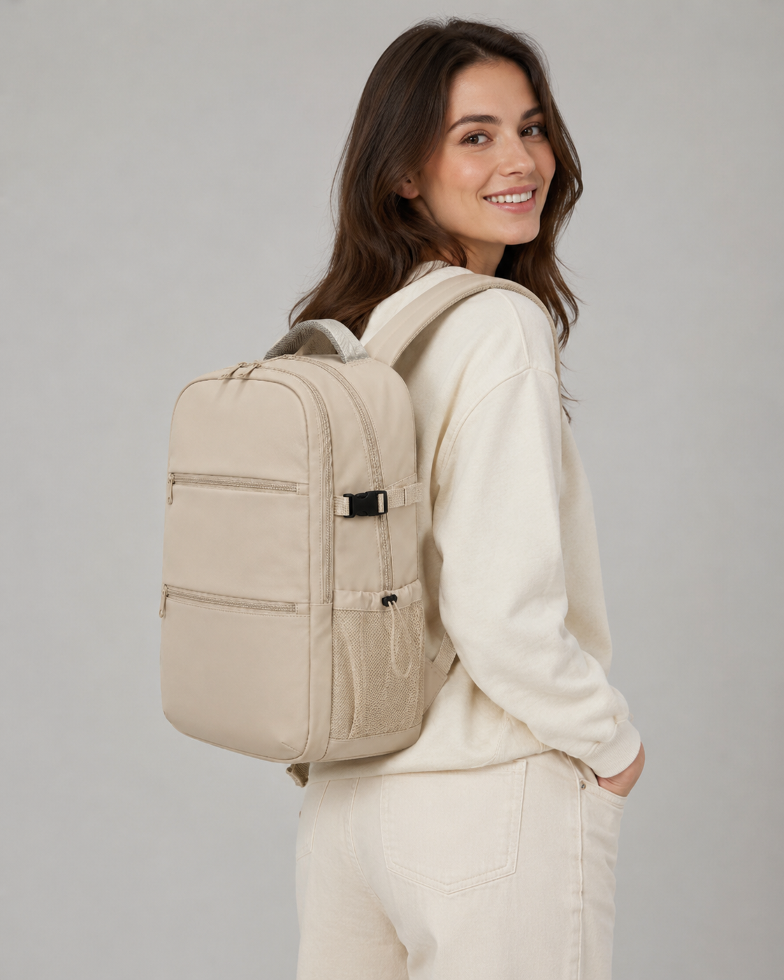 Light Beige Multi-Pocket Everyday Backpack